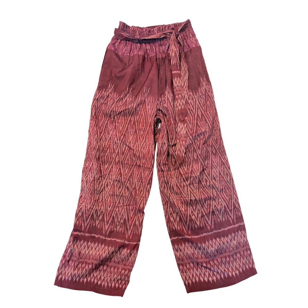 Love Tent 100% Silk Thai Ikat Print Wide Leg Balloon Pants Maroon Pink Pockets M